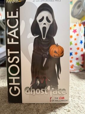 Ghost Face Halloween Decoration - Black with White Mask and Orange Pumpkin
